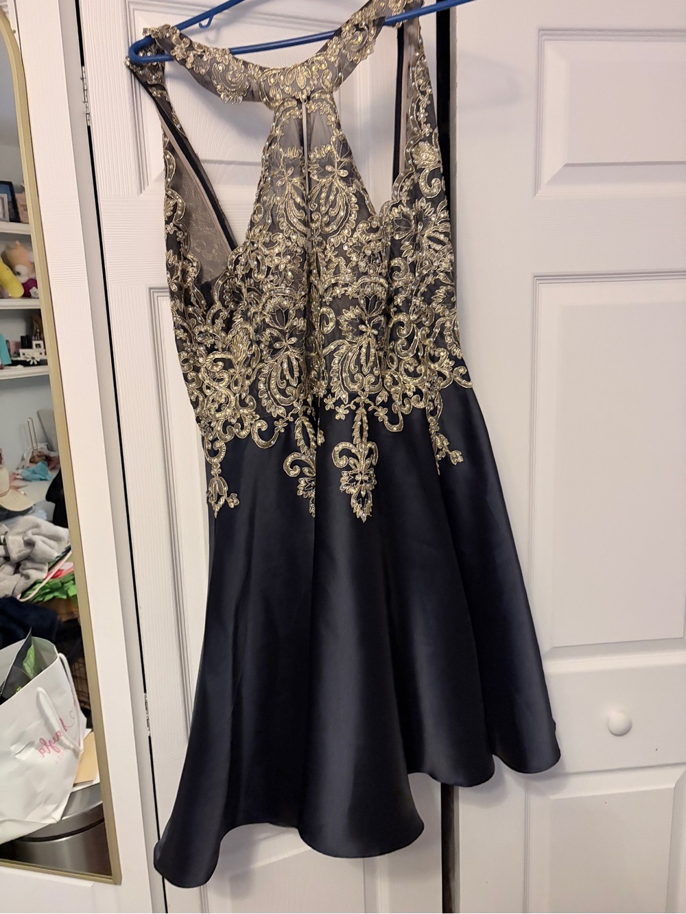 Xscape Navy Halter Dress with Gold Embroidered Bodice